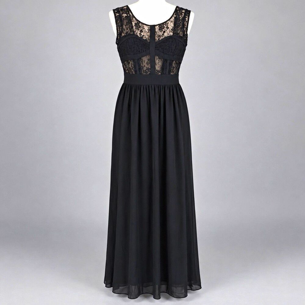 BCBGeneration Black Lace Bodice Maxi Dress Size 6 Chiffon Evening Gown Formal